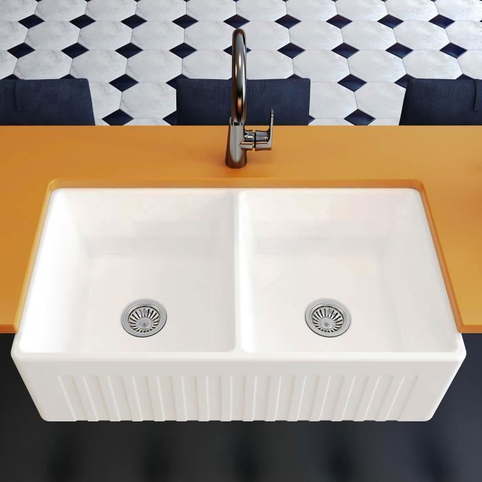 Fregadero de cocina estilo granja MEJE de 84,4 x 45,7 cm, fregadero con delantal, fregadero doble reversible para cocinas.