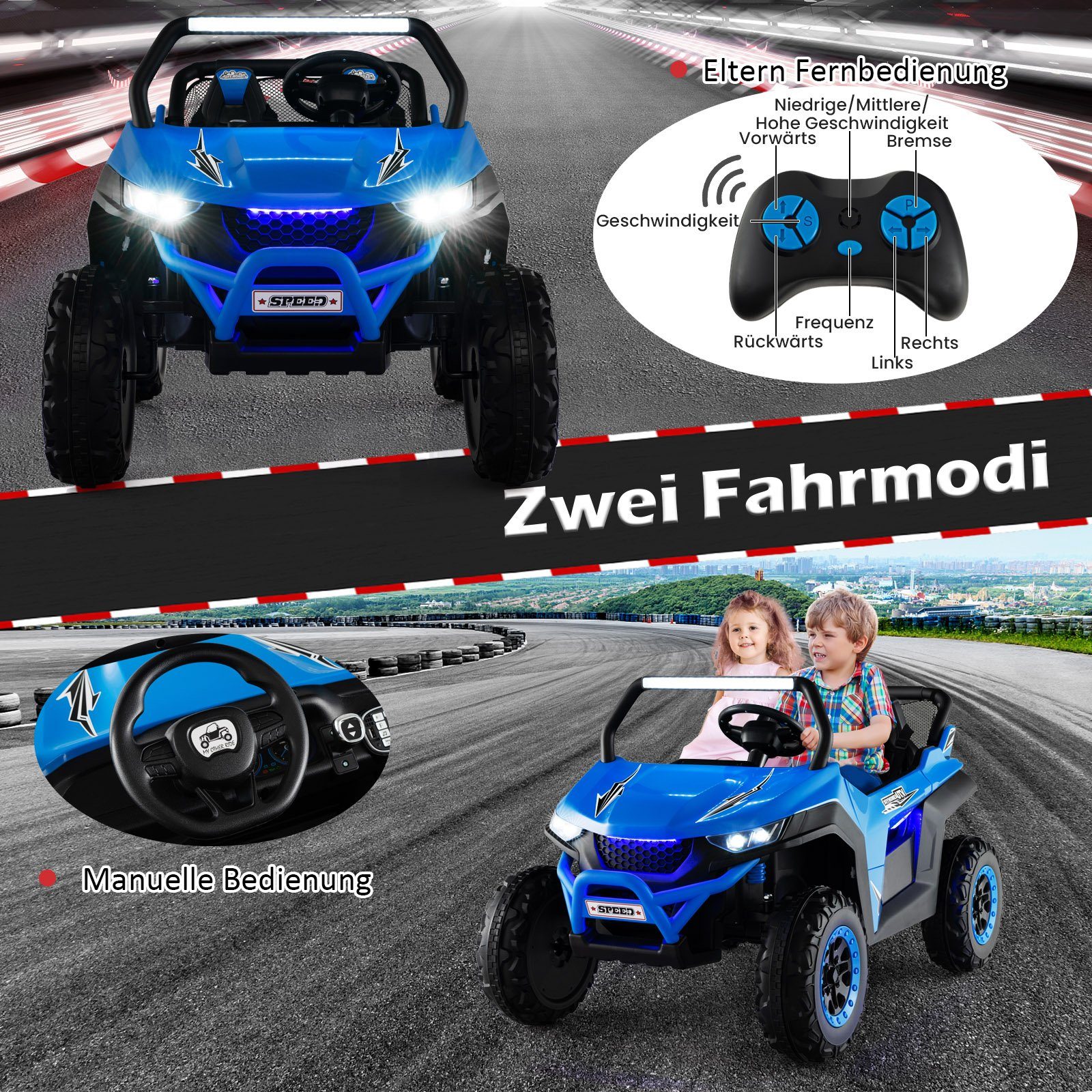 COSTWAY elektrisk barnbil 12V barnfyrhjuling, 2 säten, 2-4 km/h