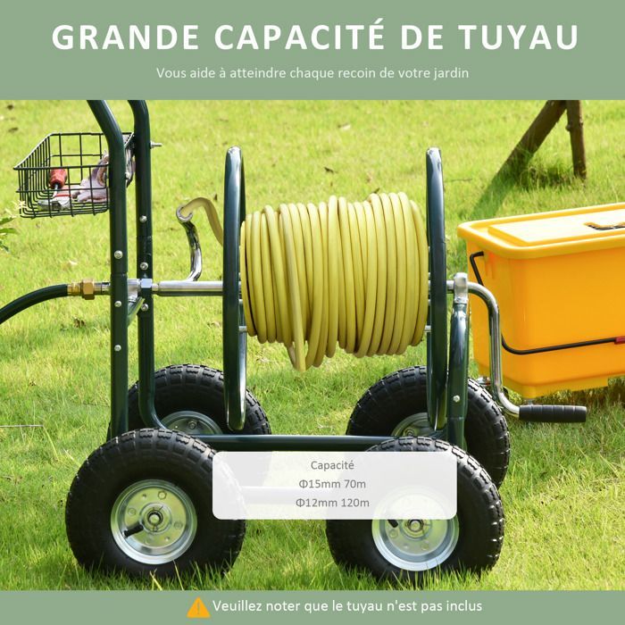 Outsunny 70m Garden Hose Reel on Wheels - Trolley with Non-Slip Handle - Metal - Green