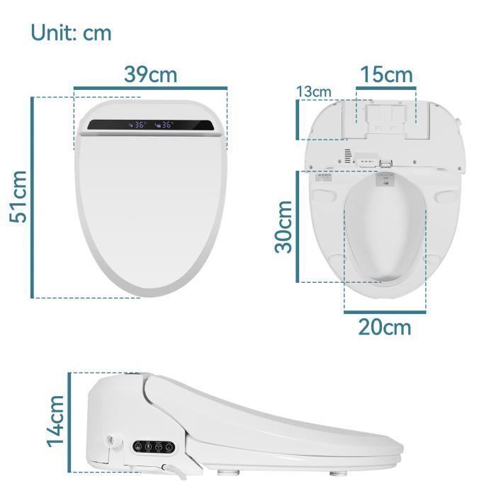 Asiento de inodoro inteligente con boquilla, pantalla LCD, temperatura ajustable, secado con calor y tapa de inodoro blanca.
