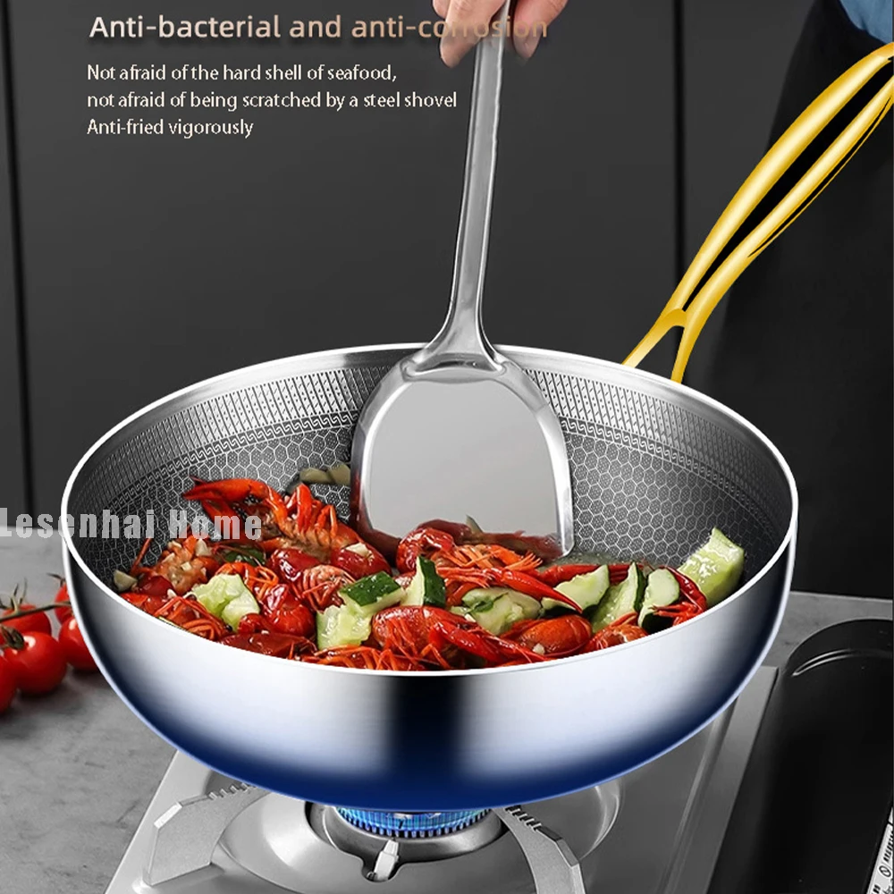 Wok en acier inoxydable 316, antiadhésif, pour sauter les steaks, compatible avec les plaques à gaz et à induction, avec revêtement alvéolé universel.