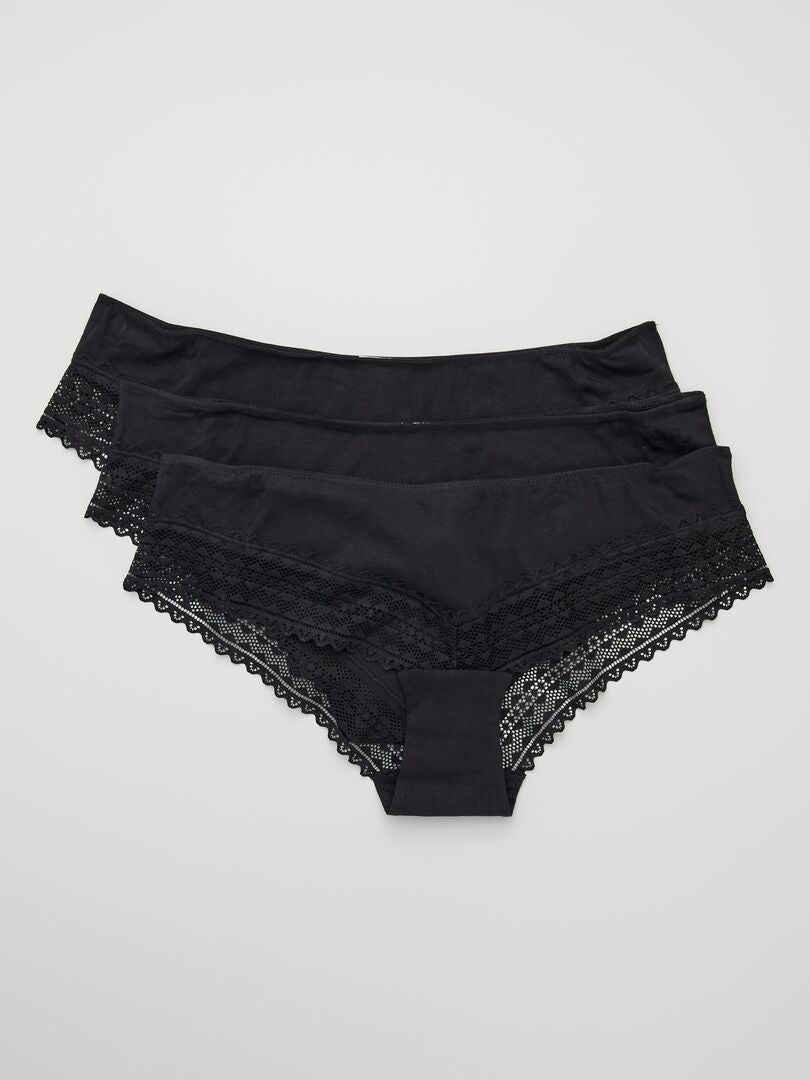 Conjunto de 3 bragas de algodón y encaje - NEGRO