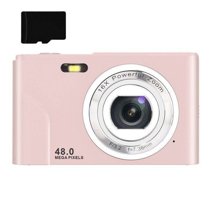 Cámara digital INF de 48 MP FHD 1080p con zoom de 16x y tarjeta de memoria de 32 GB, color rosa.
