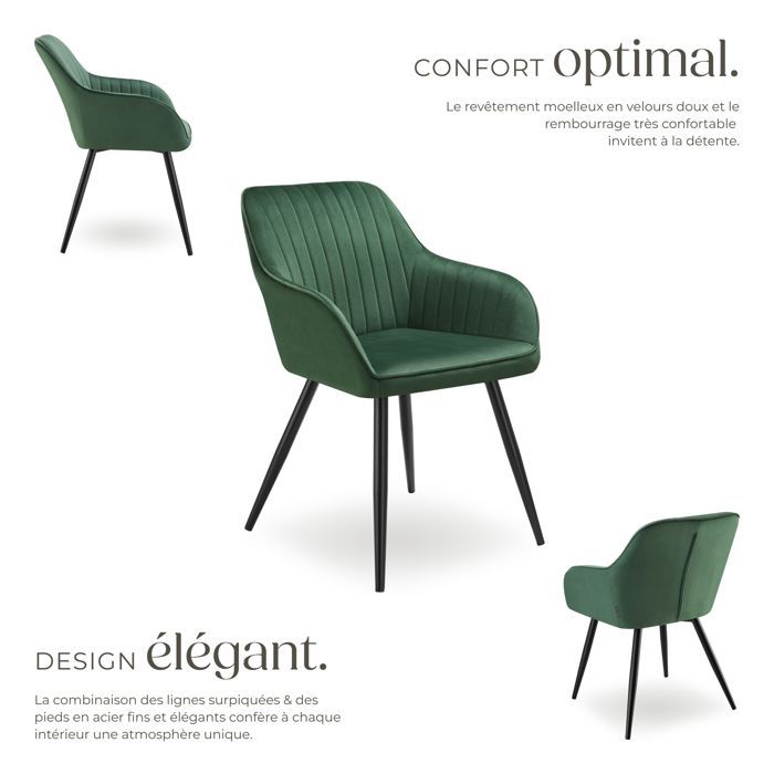 Chaise - TECTAKE - Fauteuil de salle à manger MARYLIN aspect velours avec pieds en acier noir - Vert Foncé