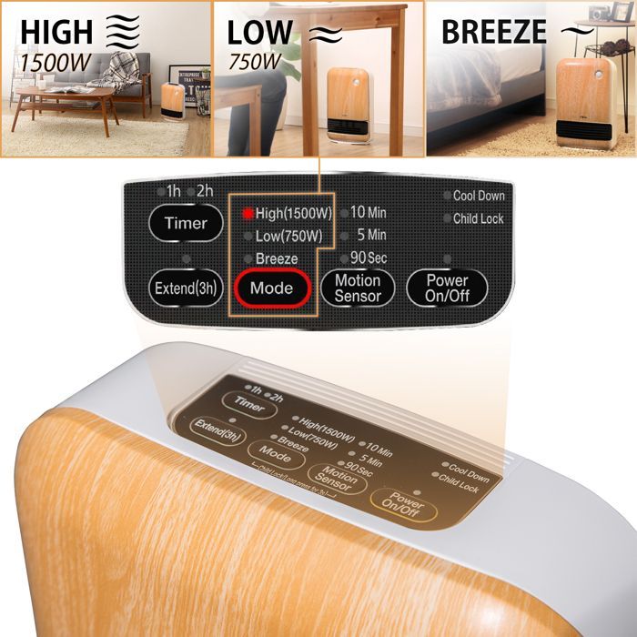 Iris Ohyama, Chauffage d'appoint compact avec détécteur de mouvement, mobile, Portée 90cm, 1500W, Bois
