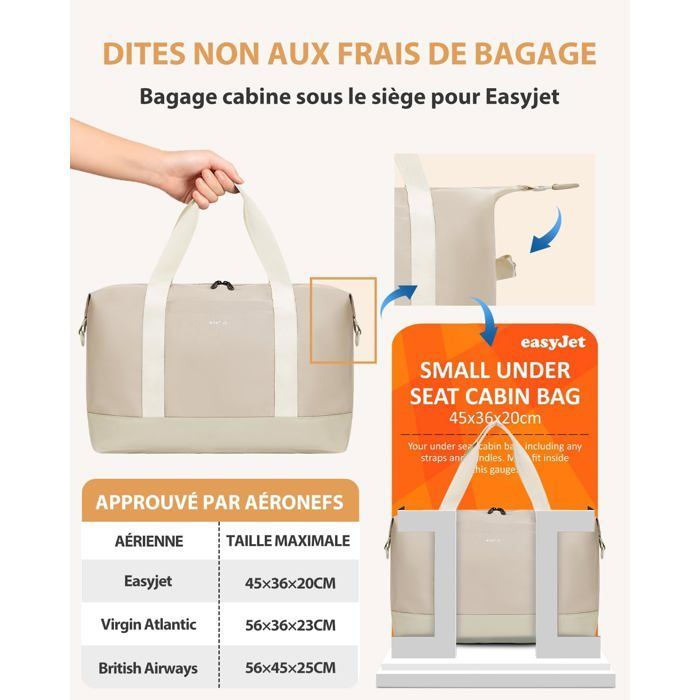 Bolsa de viaje para mujer ECOHUB - Equipaje de cabina 45x36x20 Easyjet - Bolsillo impermeable extraíble - 30L - Fin de semana - Hospital - Beige