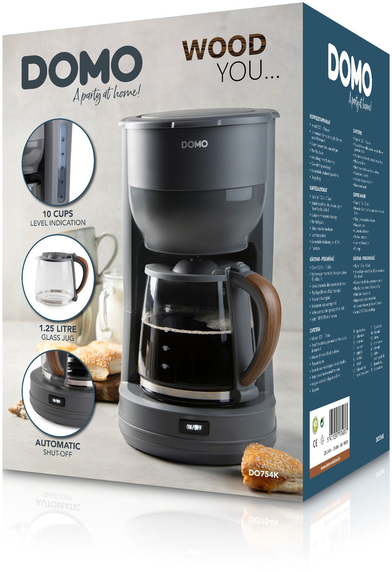 Caffettiera a filtro - DOMO - DO754K - 1,25 L - 10 tazze - Grigio / Legno