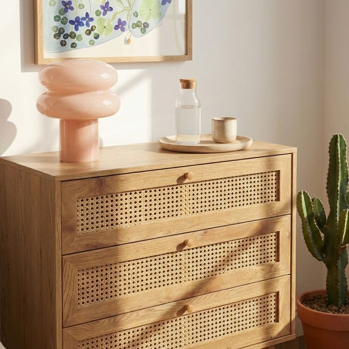 Cómoda INES con efecto roble y rejilla de ratán, 3 cajones - Madera