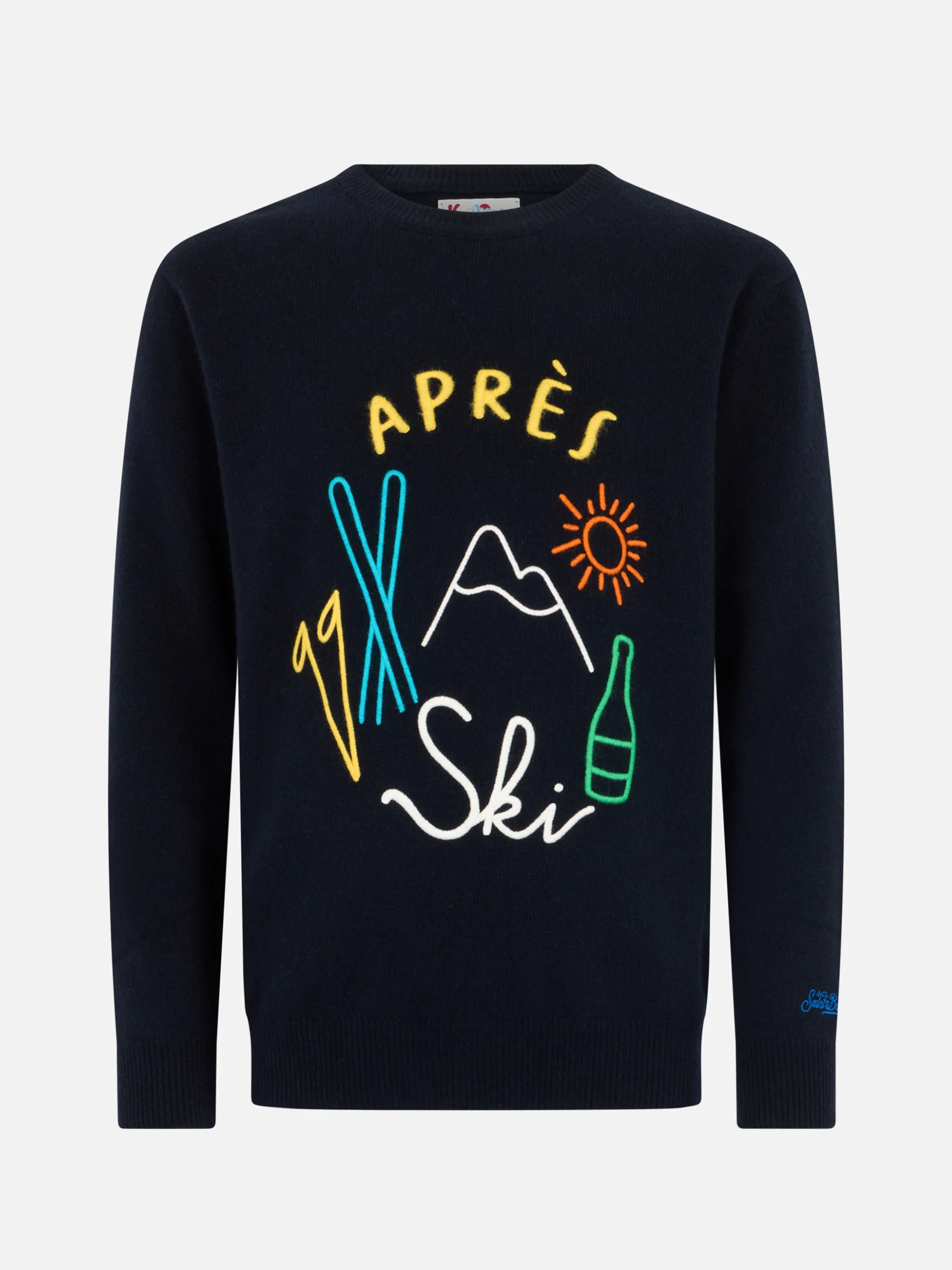 Heren blauwe trui met ronde hals en reigerprint | Après-ski borduurwerk | St. Barth logo borduurwerk op de manchet | Normale pasvorm | Hoogwaardige materialen | MC2 Saint Barth