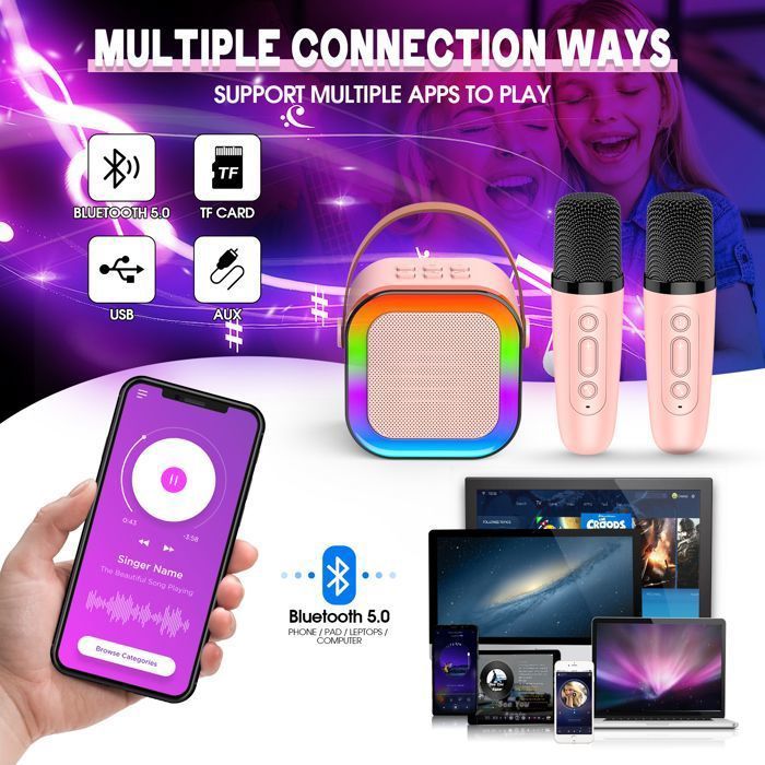 Máquina de karaoke infantil - ATOPDREAM - ATOPDREAM - 2 micrófonos inalámbricos - Bluetooth 5.0 - Luces RGB (rosa)