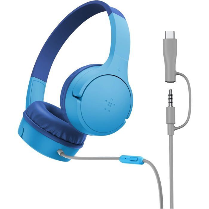 Auriculares infantiles con cable Soundform Mini, con conectores USB-C y de 3,5 mm, micrófono y pegatinas, volumen máximo de 85 dB.