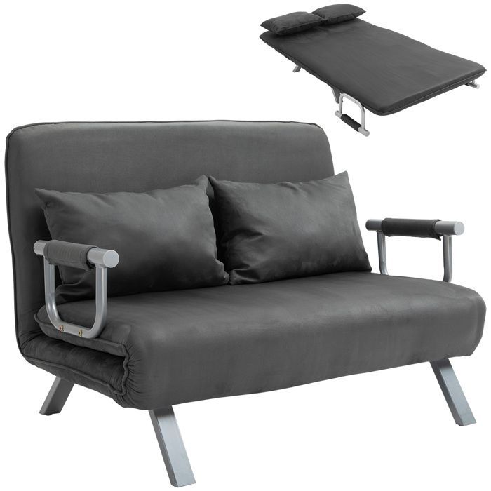 Sofá cama de 2 plazas - HOMCOM - sillón convertible con respaldo de 5 posiciones, 2 cojines extraíbles - ante - 111x80x78cm - gris oscuro