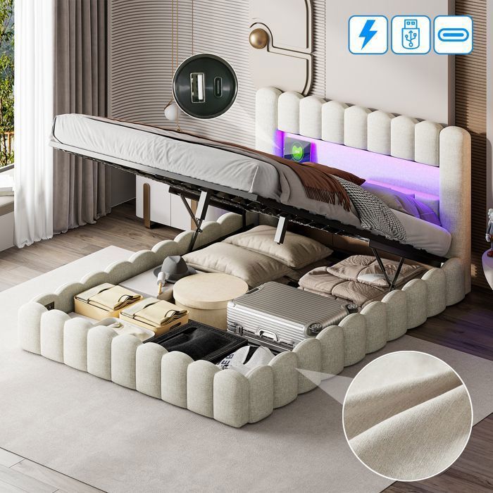 Letto matrimoniale contenitore 160 x 200 cm, letto imbottito con porta USB e illuminazione a LED, struttura letto per 2 persone, rete a doghe, lino, beige