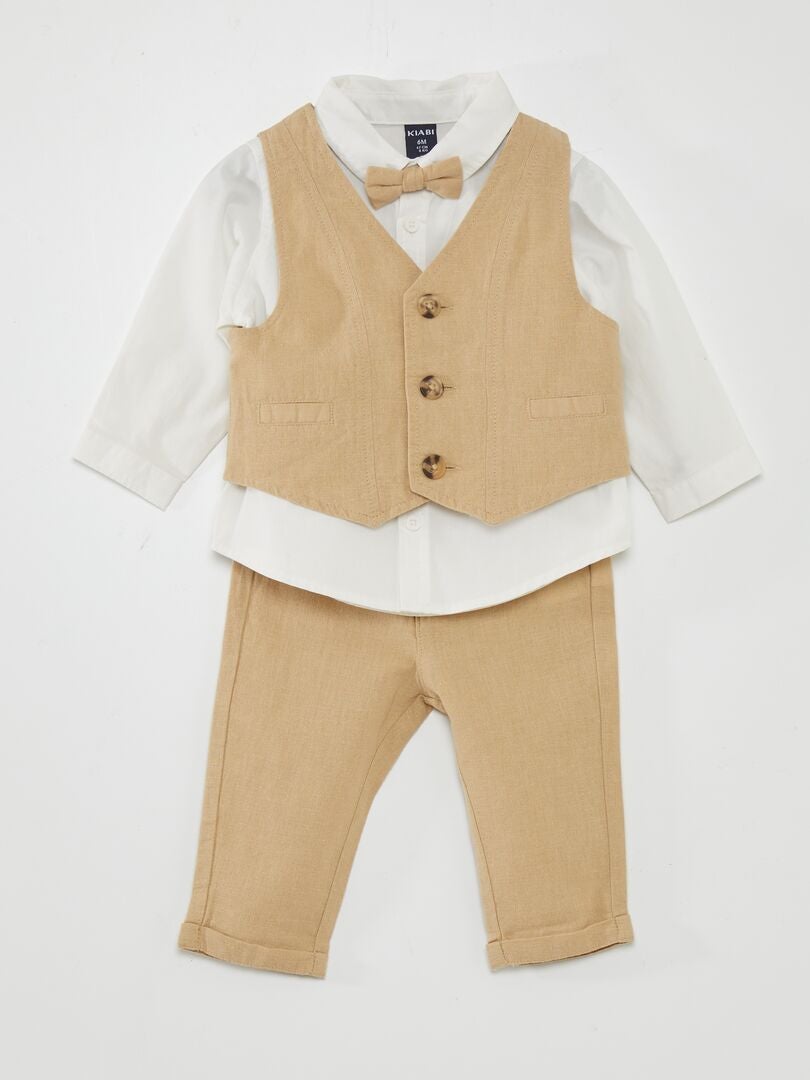 Shirt + broek + vest + vlinderdas - 3-delige set - BEIGE