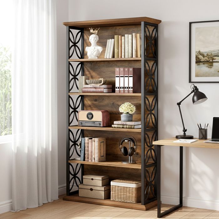 Librería alta de 6 niveles, 180 cm, estilo industrial con estructura metálica y estantes abiertos.
