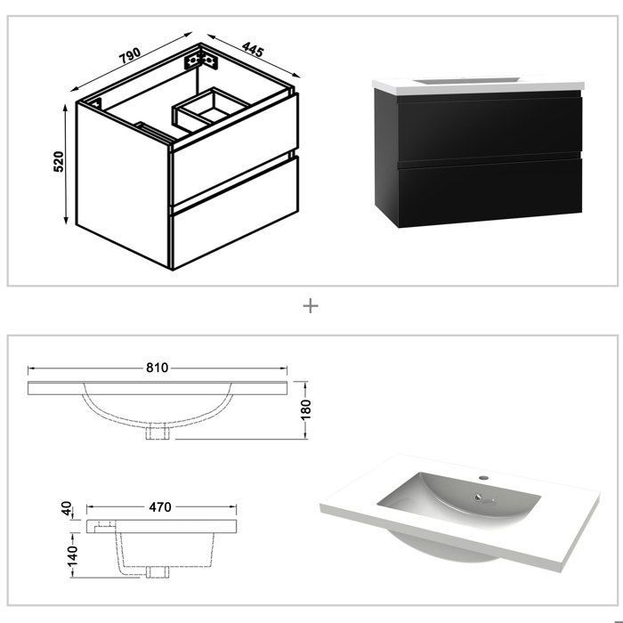 Mueble de baño AICA de 80 cm en negro brillante con 2 cajones de cierre suave y lavabo individual.