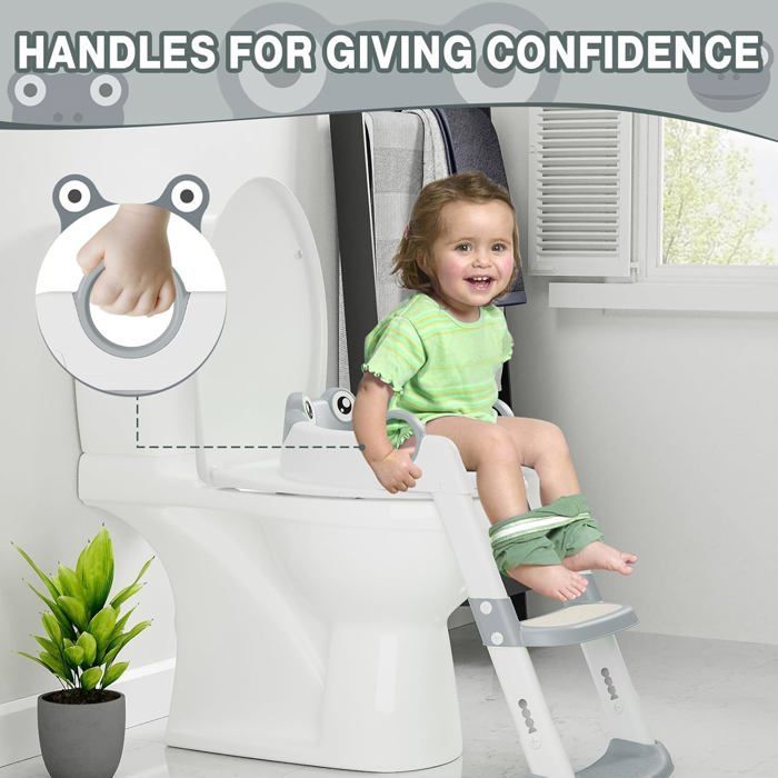 Reductor de asiento de inodoro infantil con escalón y cojín - Asiento de inodoro plegable, altura ajustable para niños y niñas - A partir de 1 año, gris
