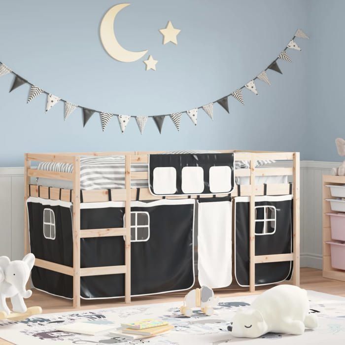 Cama alta infantil vidaXL con cortinas, cama elevada para niños con escalera, mueble de almacenamiento para dormitorio, estilo moderno, color blanco.
