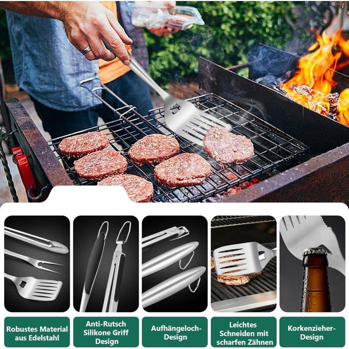 Accesorios para barbacoa, juego de 3 piezas de acero inoxidable, utensilios para barbacoa, accesorios para barbacoa con pinzas.