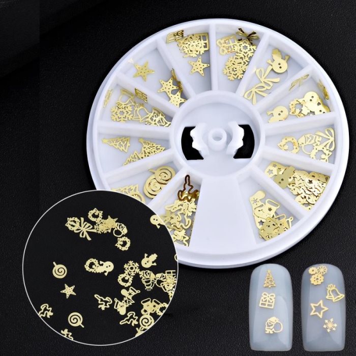 2020 Nouveau Mix Étoile Dorée Élément Arbre Père Noël Bonhomme de Neige Flocon de Neige Sucette Platine Tournante Décoration d'Ongles Métallique Paillettes Décalcomanies Gemmes DIY Roue