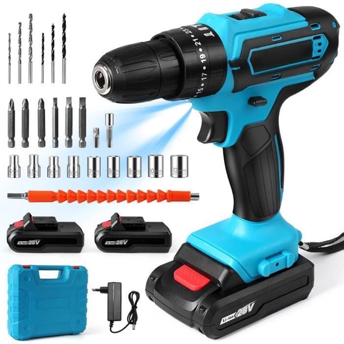 Perceuse Visseuse Sans Fil 28V, Visseuse Devisseuse 32N.m couple, avec 24 Accessoires +2 Batterie+chargeur