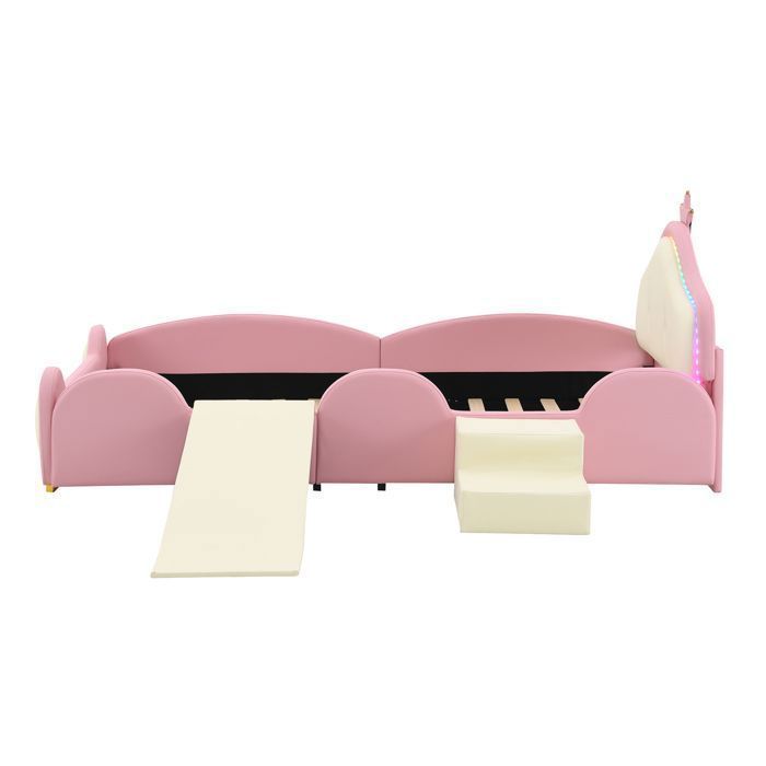 Lit Enfant - MERAX - Couronne Cartoon - 90x200cm - Bande LED Multimode - Toboggan et Escaliers