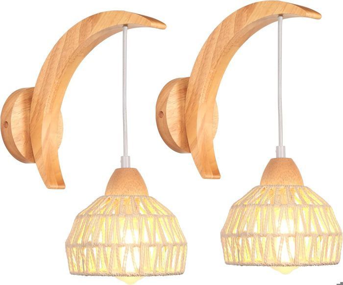 IDEGU 2pcs Applique Murale Réglable en Bois et Rotin Lampe Murale Vintage Design Croissant en Cage avec Suport Lune en Bois,Blanc