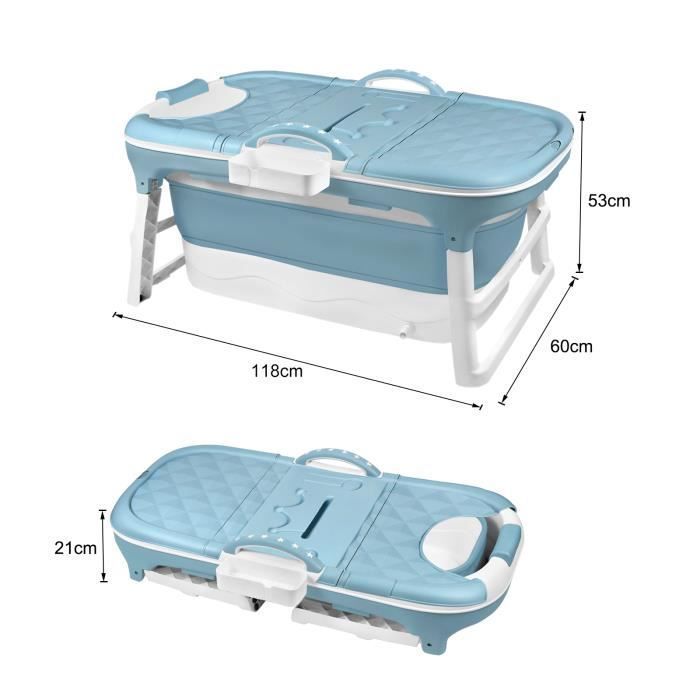 Bañera plegable para adultos HENGMEI, tamaño L, portátil, con tapa, ruedas y bandeja, color azul verdoso, 112 x 62 x 52 cm.