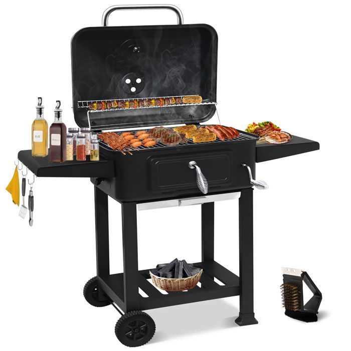 Houtskoolbarbecue met deksel, onderstel met thermometer, verstelbare houtskoolbak, 2 zijplanken, schoonmaakborstel, zwart