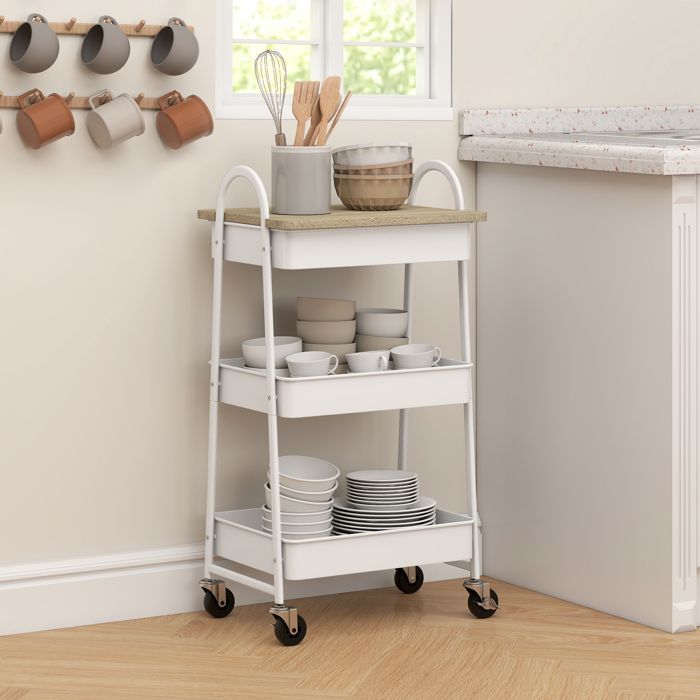 Desserte cuisine - HOMCOM - 3 niveaux, avec plateau supérieur, paniers en maille, poignées - 45 x 32 x 77,5 cm - chêne
