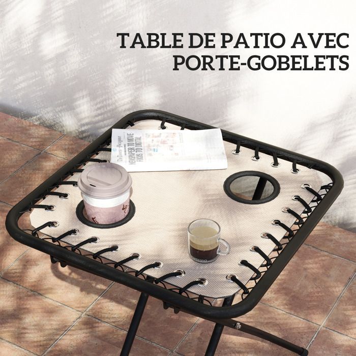 Set of 2 folding and reclining sun loungers with side table - Outsunny - cup holders and headrests - 120kg load capacity - beige