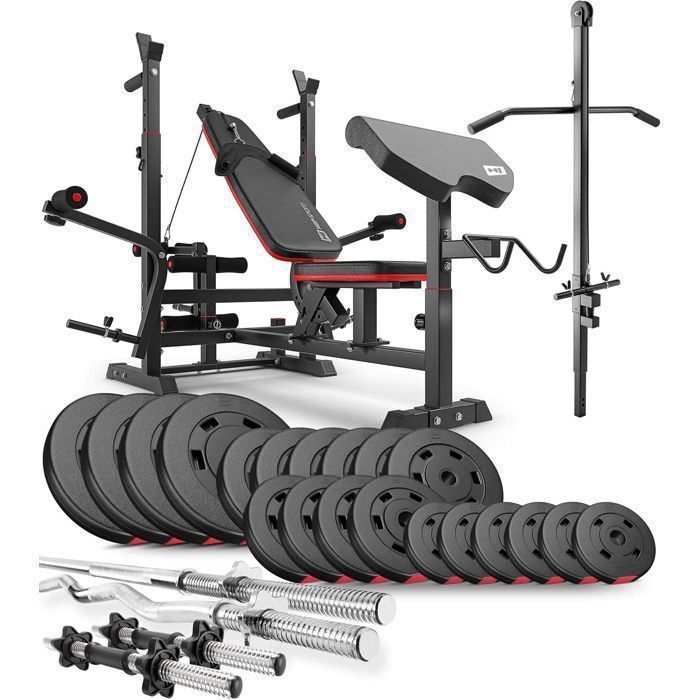Hop-Sport halterset van 105 kg, HS-1075 halterbank met hoge katrol, 31 mm gewichtsschijvenset en halterstangen.