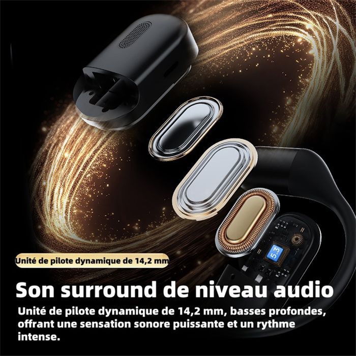 Wireless earphones, WOVTE, OWS, Bluetooth earphones, waterproof, dual ENC microphones, with digital display, black.
