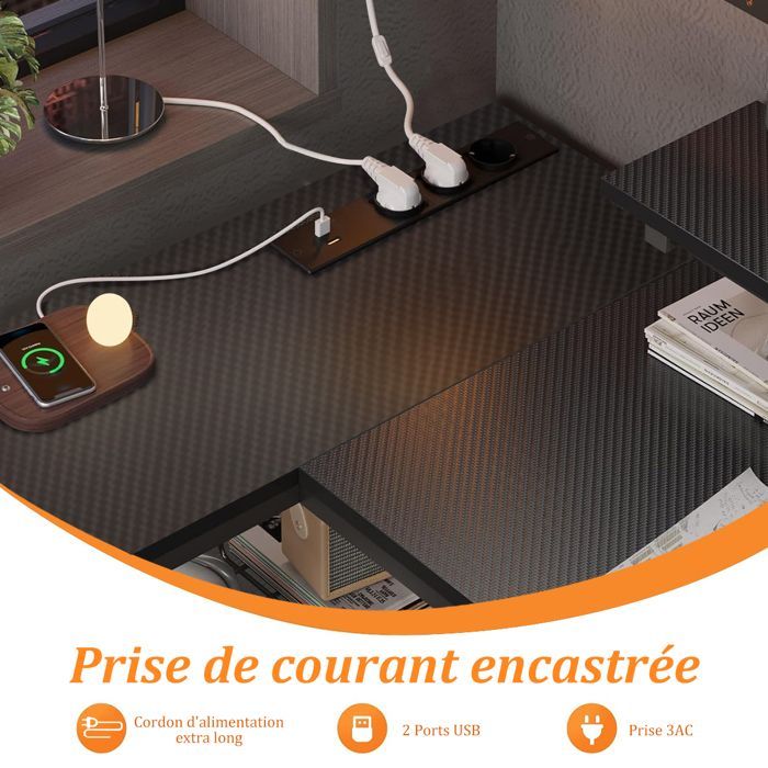 Scrivania angolare da gaming - Tavolo da gaming a L con supporto per monitor - 2 cassetti portaoggetti - 3 porte CA + 2 porte USB - 120x120x75 cm - Nero