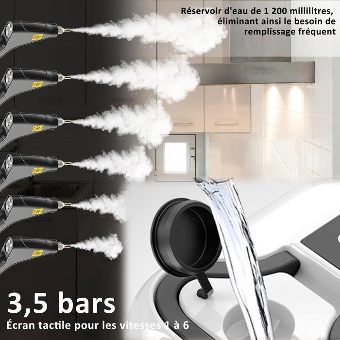 Limpiador a vapor de alta presión, 1500 W, 105 °C/3,5 bar, regulable de 1 a 6 niveles, calentamiento en 15 segundos, 1200 ml, para coche, cocina y muebles.