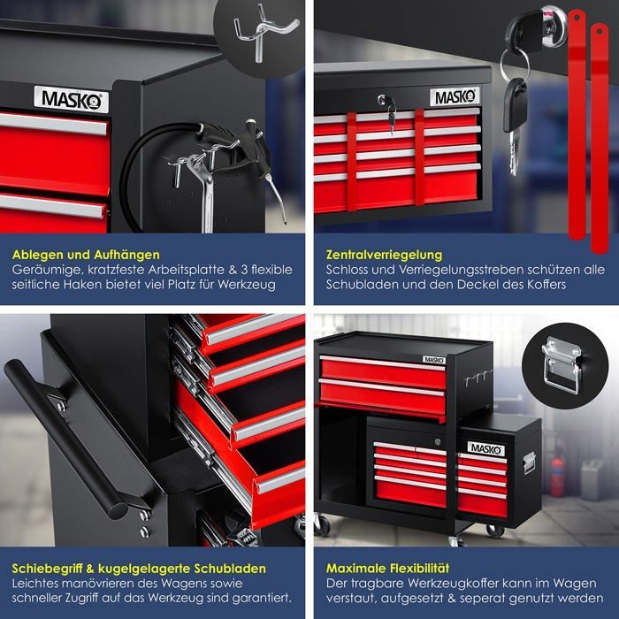 Carro de taller MASKO® | Carro de herramientas con 9 cajones con cerradura y candado, rojo