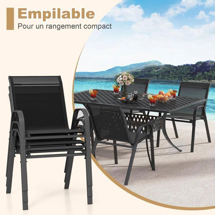 Set di 2 sedie da giardino COSTWAY, in tessuto traspirante, impilabili, con braccioli, ideali per patio, terrazza e veranda, colore nero.