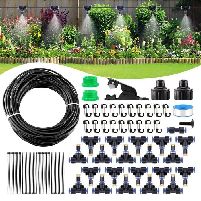 Sistema de nebulización para exteriores - Sistema de nebulización para patios - Sistema de nebulización de 20 m, con boquillas de nebulización y conector en T - para sombrillas de jardín