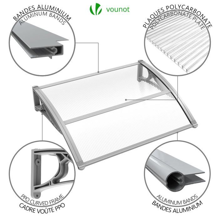Marquesina para puerta de entrada VOUNOT® de 120x80 cm con soporte central - Policarbonato transparente - Resistente a los rayos UV - Gris