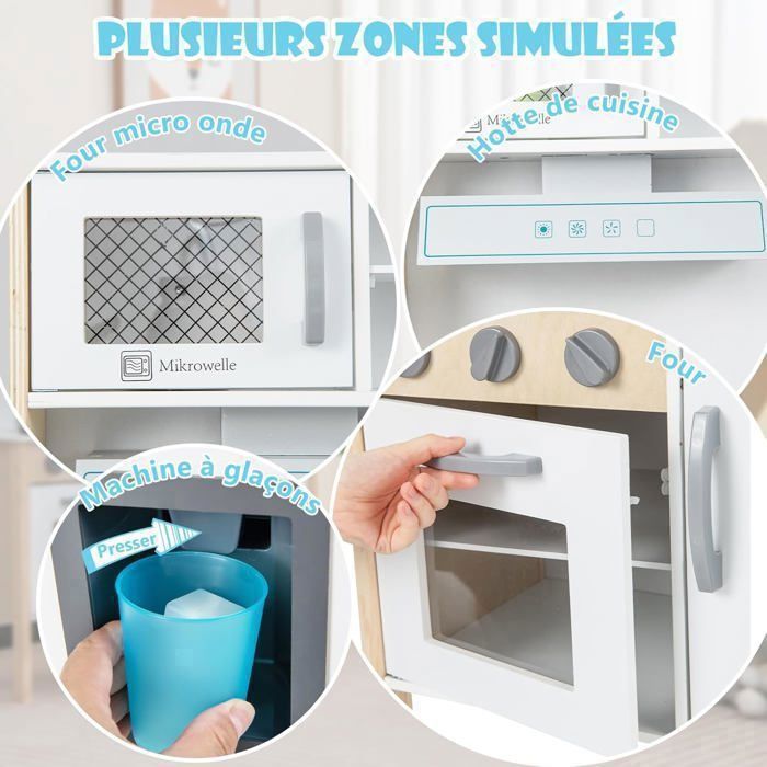 COSTWAY Cuisine Enfants 3-6 Ans  en Bois - 18 Accessoires avec Évier, Micro-ondes Blanc, Dispositif Anti-basculement