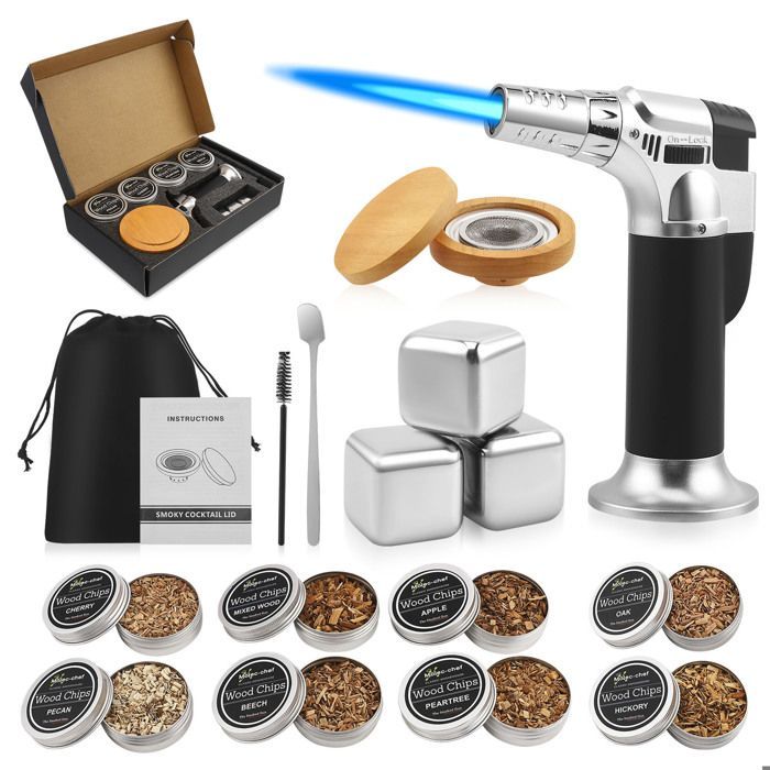Coffret fumoir cocktails/whisky : inclut brûleur, 8 copeaux de bois, 3 pierres à whisky en acier inoxydable (sans butane)