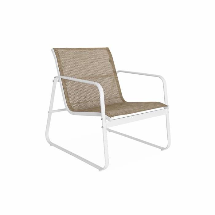 Conjunto de muebles de jardín de metal y textilene para 4 personas. Blanco y natural. Diseño