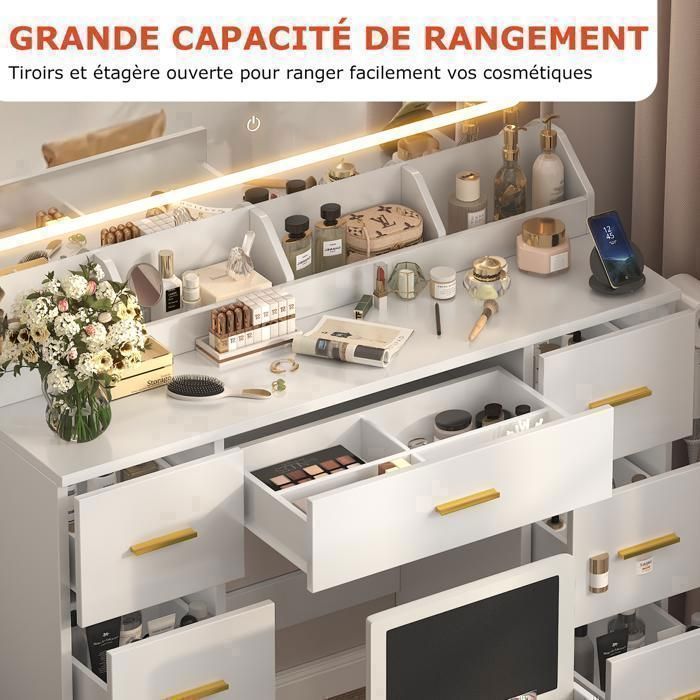 Large Dressing Table with LED Mirror and Stool - NHHF - 116X38X138 CM - 3-Color LED Lighting - with Power Outlets and 7 Drawers