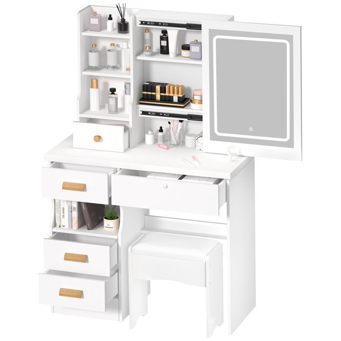 Coiffeuse moderne - CREMLANK - LED éclairage réglable - avec tabouret - 5 tiroirs - 4 étagères, simple - BLANC - 80*36*132 cm