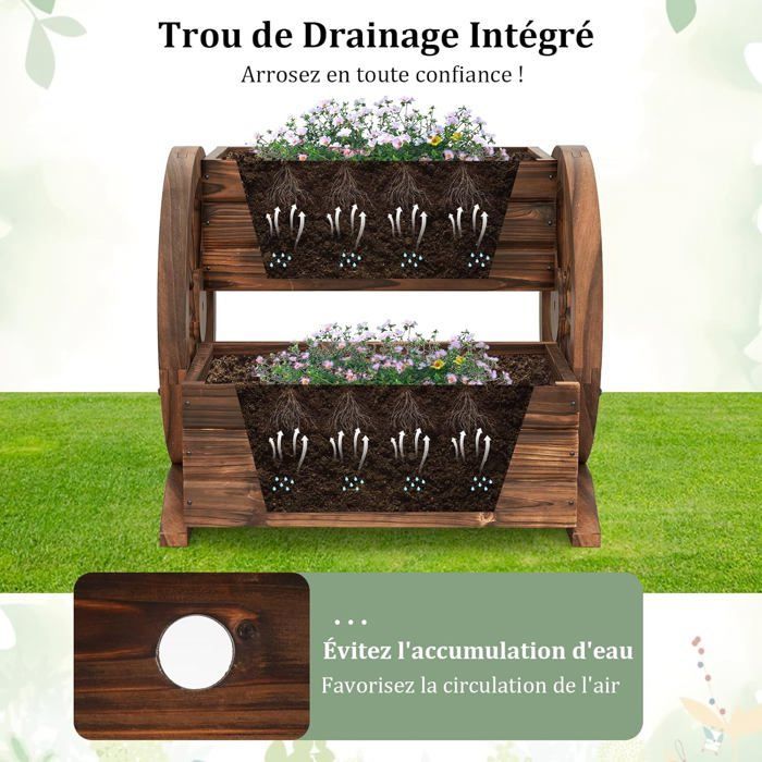 Macetero elevado de 2 niveles COSTWAY, con orificios de drenaje y ruedas, maceta de madera con forma de carrito para uso interior y exterior.