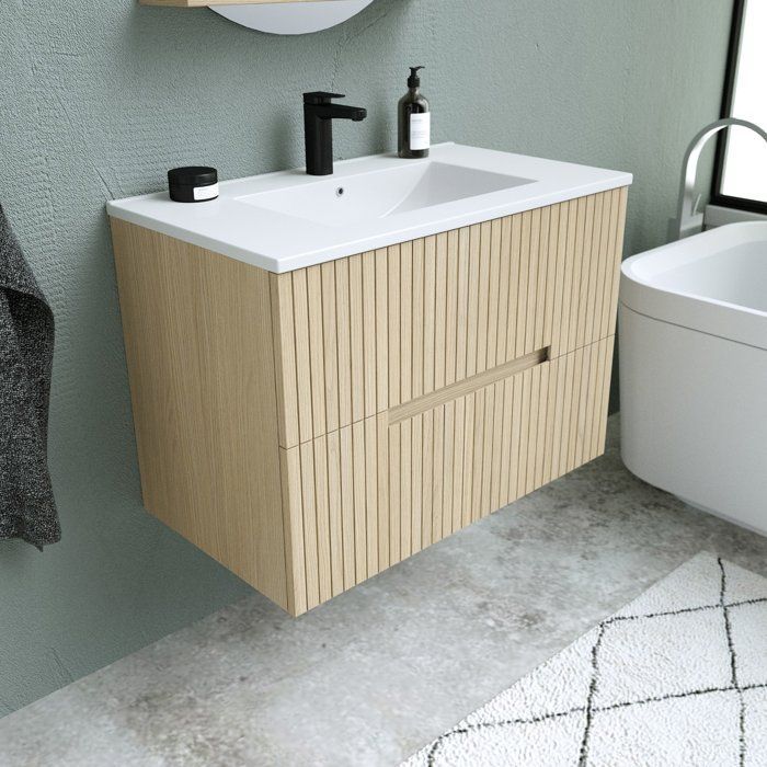Mueble de baño con lavabo - Madera - Ancho 80 x Profundidad 45 x Alto 60 cm - Espejo - Ranura