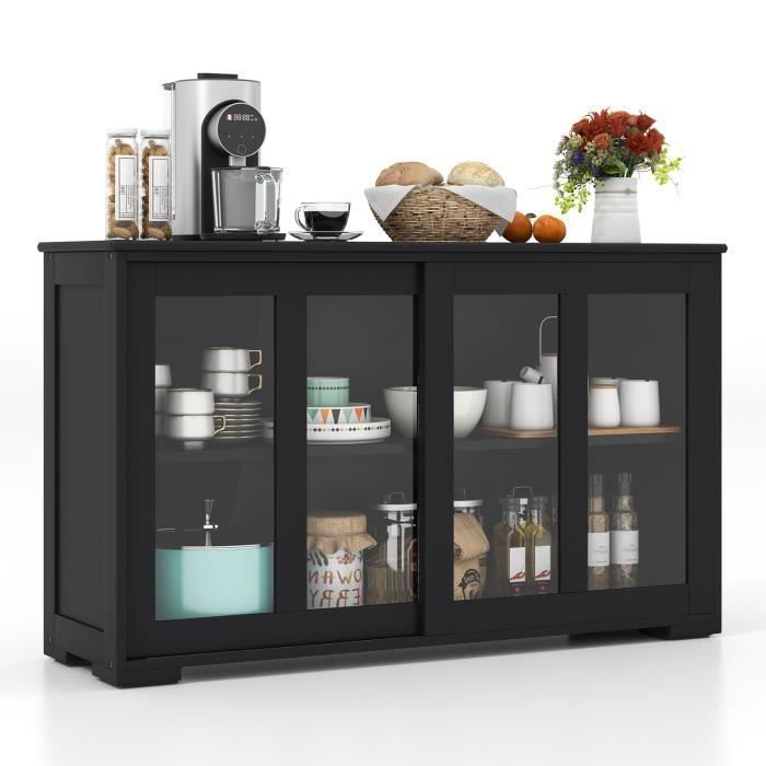 COSTWAY Kitchen Buffet Cabinet, Kitchen Storage Unit, 106.5 cm Wide – Black MDF, 2 Shelves with 2 Sliding Glass Doors