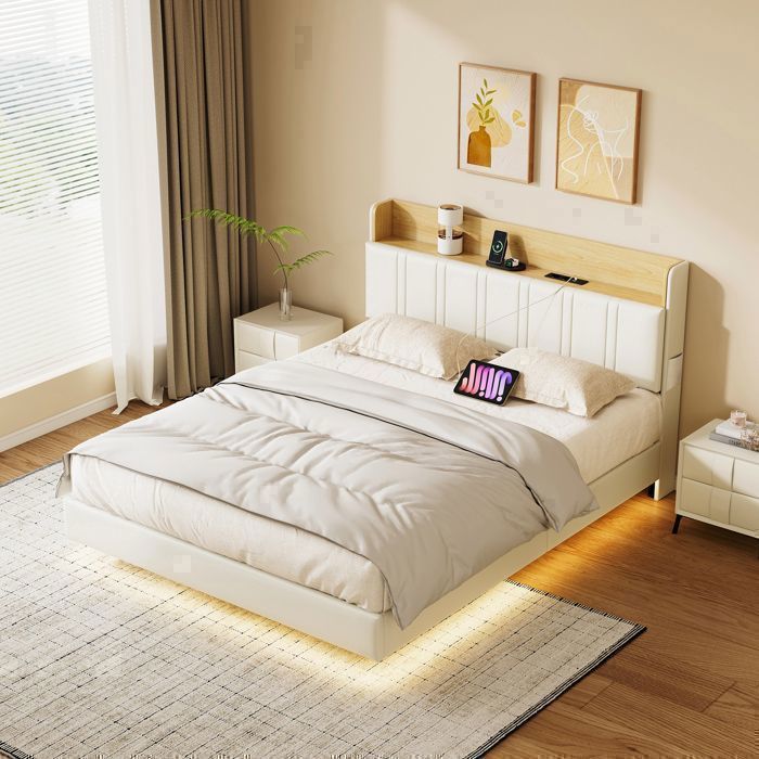 140x190 cm bed met lattenbodem - Tweepersoonsbed voor volwassenen met hoofdbord en opbergruimte - Zwevend bed met led- en usb-aansluiting - Geïntegreerd stopcontact - Wit PU