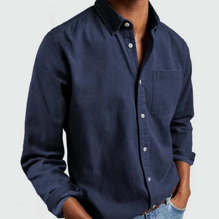 Men's Long Sleeve Regular Fit Shirt with Pocket, Casual Plus Size Shirt, Solid Color - EU Size - Navy Blue