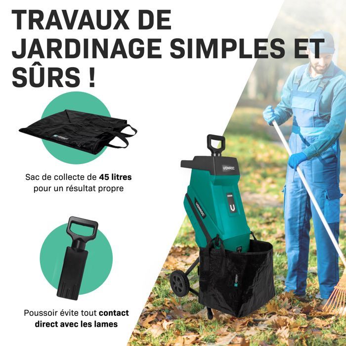 Trituradora de jardín de 2500 W – Para ramas de hasta Ø45 mm – Incluye contenedor de recogida de 45 L y empujador.